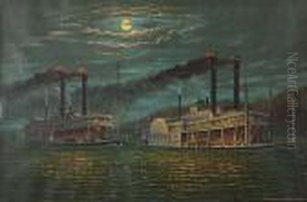 Steamboat Races On The Mississippi. Oil Painting by Currier & Ives Publishers