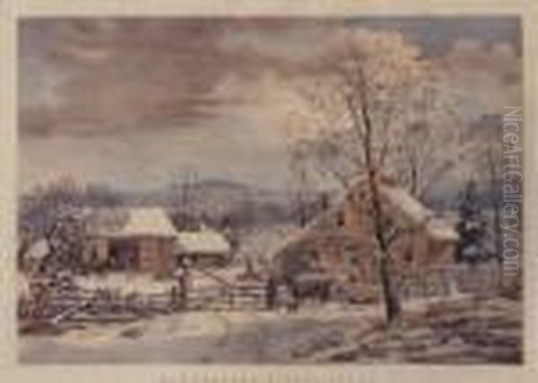 New England In Winter Scene Oil Painting by Currier & Ives Publishers