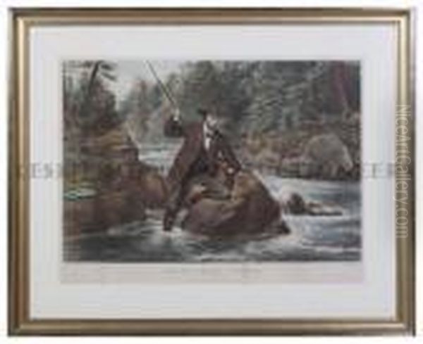 Brook Trout Fishing. An Anxious Moment Oil Painting by Currier