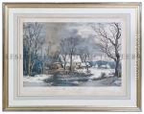 Winter In The Country. The Old Grist Mill. Oil Painting by Currier