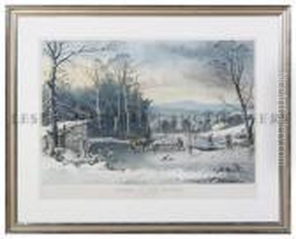 Winter In The Country. Getting Ice. Oil Painting by Currier