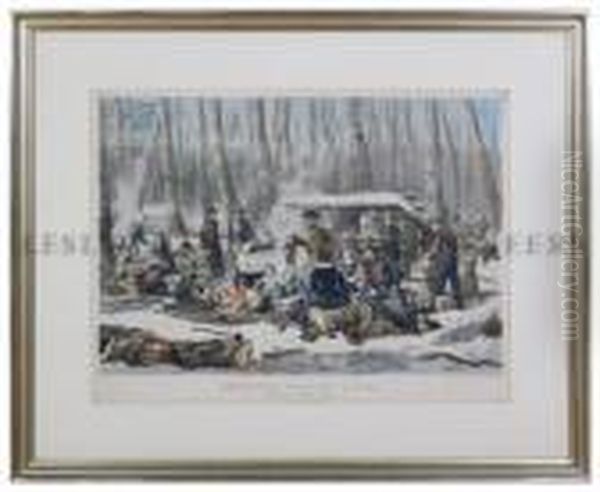 American Forest Scene, Maple Sugaring Oil Painting by Currier