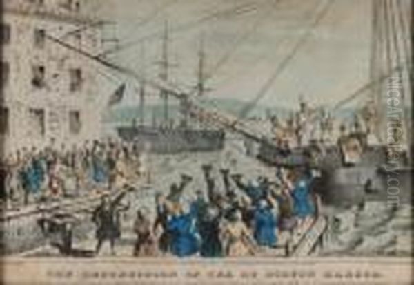 The Destruction Of Tea At Boston Harbor Oil Painting by Currier