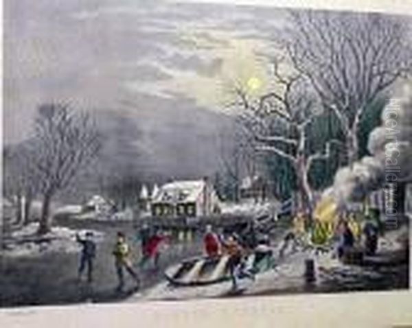 Winter Evening And Winter Pastime Oil Painting by Currier