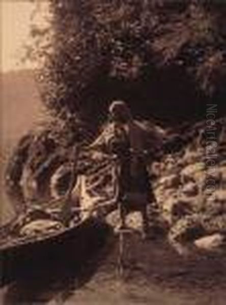 Native-american Woman And Canoe Oil Painting by Edward Sherrif Curtis