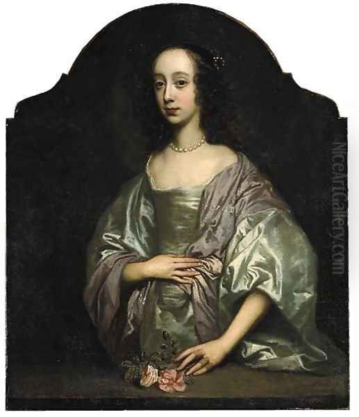 Portrait of a lady, three-quarter-length, in a grey dress and mauve wrap Oil Painting by Sir Peter Lely