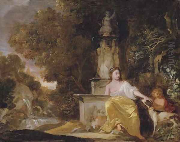 A lady, seated by a fountain, with a dog and a child, in a landscape Oil Painting by Sir Peter Lely