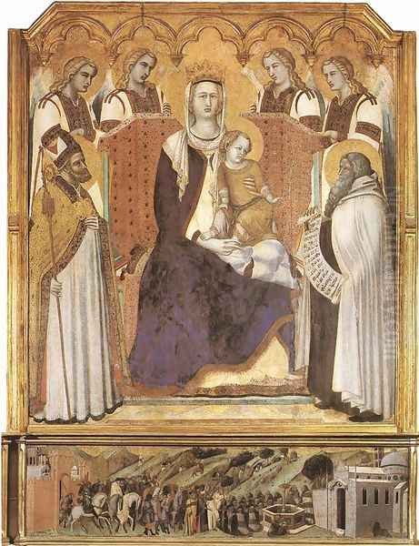 Madonna with Angels between St Nicholas and Prophet Elisha Oil Painting by Pietro Lorenzetti