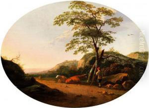 Kuhe Mit Hirte In Idyllischer Landschaft Oil Painting by Aelbert Cuyp