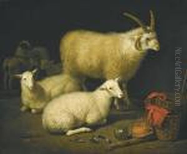 A Barn Interior With A 
Four-horned Ram And Four Ewes, Anda Goat, With A Still Life Of A Basket 
And Upturned Pots To Theright Oil Painting by Aelbert Cuyp