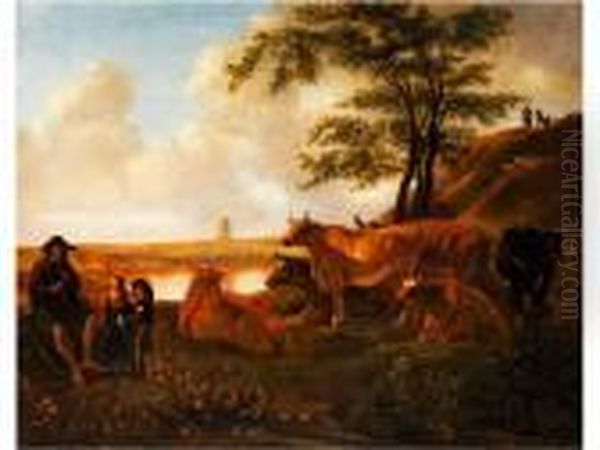 Flotespielender Kuhhirte Mit Kindern Auferhohter Wiese Oil Painting by Aelbert Cuyp