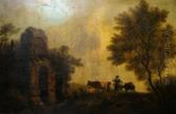 Herdsman With Cattle And A Donkey By A Ruin With Woodland Oil Painting by Aelbert Cuyp