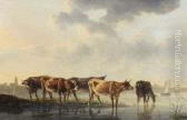 Cinq Vaches S'abreuvant Dans Une Riviere Oil Painting by Aelbert Cuyp