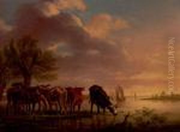 Cows In The Wash-land With Ships In Thebackground Oil Painting by Aelbert Cuyp