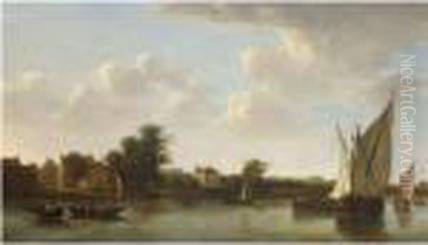 A View Of A River With A Ferry Crossing Oil Painting by Aelbert Cuyp