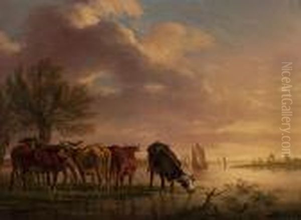 Cows In The Floodplain With Ships In Thebackground Oil Painting by Aelbert Cuyp