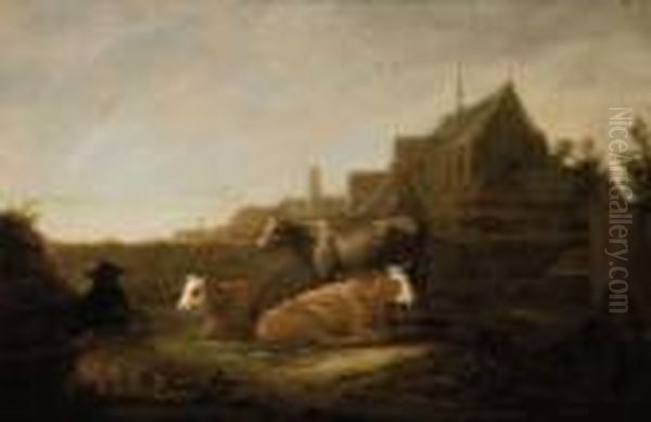 A Herdsman In A Field, The Duitsche Huis And Mariakerk, Utrechtbeyond Oil Painting by Aelbert Cuyp