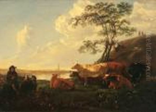 Herdsmen And Cows Resting In A Dutch Landscape Oil Painting by Aelbert Cuyp