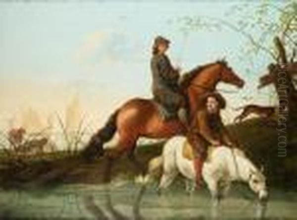 Two Men On Horseback Fording A Stream With Cattle Resting In The Background Oil Painting by Aelbert Cuyp