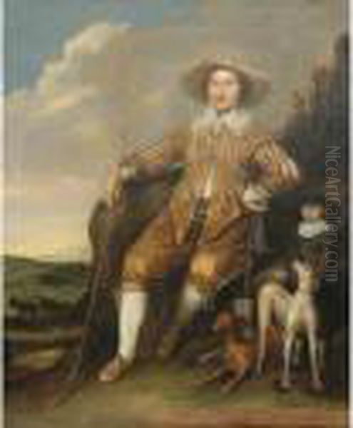 A Gentleman Seated Full Length In A Landscape With Hounds And A Young Attendant Oil Painting by Aelbert Cuyp