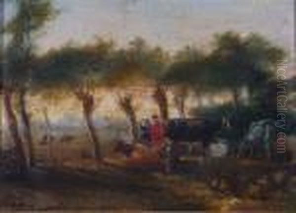 Figures And Cattle In A Sunlit Tree Lined Field Oil Painting by Aelbert Cuyp