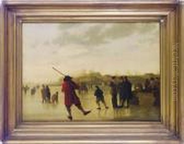 A Frozen River Landscape With Skaters Oil Painting by Aelbert Cuyp