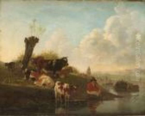 Pastoralt Landskap Med Figurer Och Boskap Vid A Oil Painting by Aelbert Cuyp