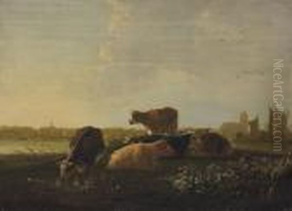 Cattle Resting On The Banks Of The Maas With Dordrecht Beyond Oil Painting by Aelbert Cuyp