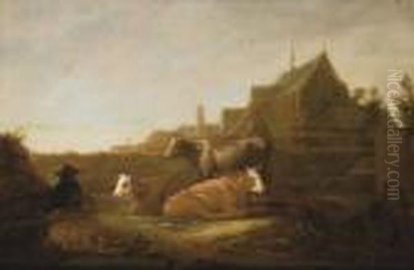 A Herdsman And Cows In A Field With The Duitsche Huis And Mariakerk, Utrecht, Beyond Oil Painting by Aelbert Cuyp