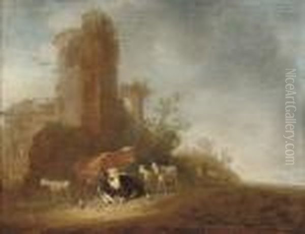 An Italianate Landscape With Cattle On A Track, Classical Ruinsbeyond Oil Painting by Aelbert Cuyp