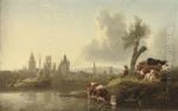 A River Landscape With Cattle Watering, A Town Beyond Oil Painting by Aelbert Cuyp