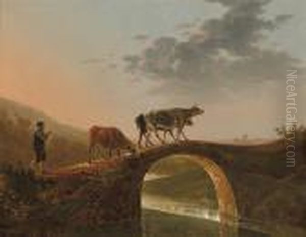 A River Landscape With A Drover And His Cattle Crossing Abridge Oil Painting by Aelbert Cuyp