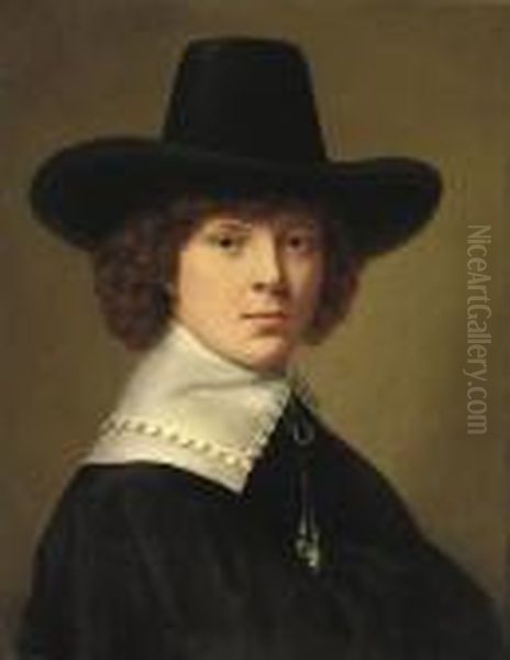 Portrait Of A Young Man, 
Bust-length, In A Black Costume With Awhite Collar And A Black Hat Oil Painting by Aelbert Cuyp