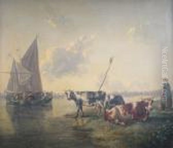 A Milkmaid And Cattle By A River With A Passing Barge Oil Painting by Aelbert Cuyp