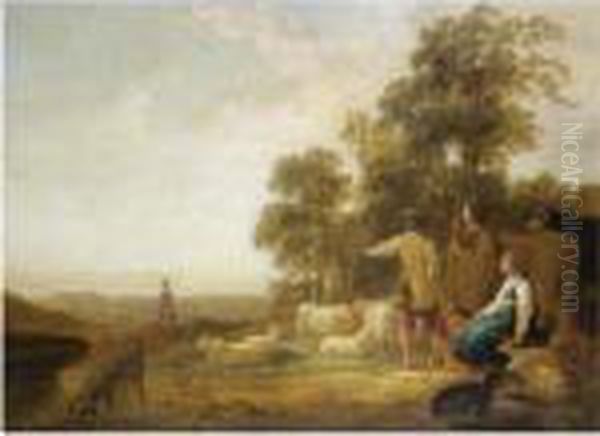 Landscape With Sherpherds And Shepherdesses Near A Well Oil Painting by Aelbert Cuyp