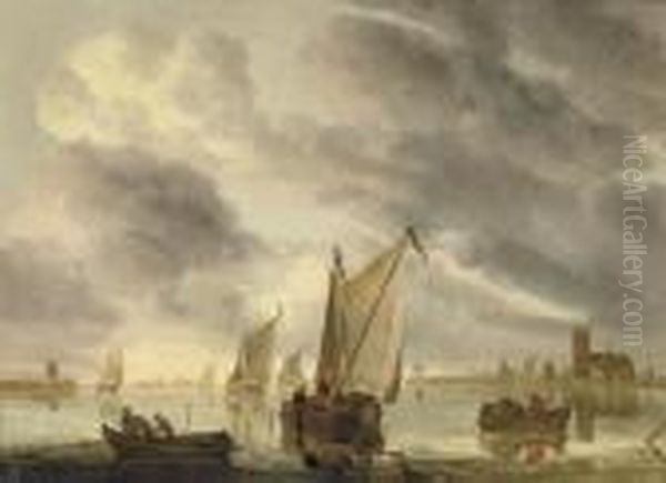 Sailing Vessels On A River, A Church Tower In The Distance Oil Painting by Aelbert Cuyp