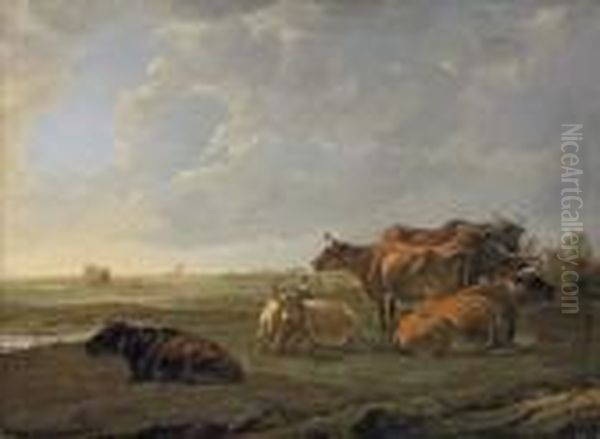 A Landscape With Cattle Grazing On A Bank, A View Near Dordrecht Beyond Oil Painting by Aelbert Cuyp