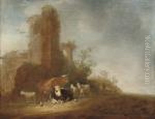 An Italianate Landscape With Cattle On A Track, Classical Ruins Beyond Oil Painting by Aelbert Cuyp