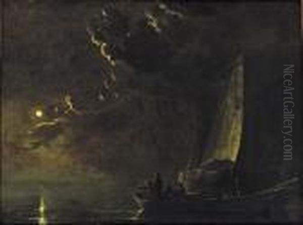 A Moonlit Landscape With Fishermen In A Boat And Another Sailing Vessel Nearby Oil Painting by Aelbert Cuyp