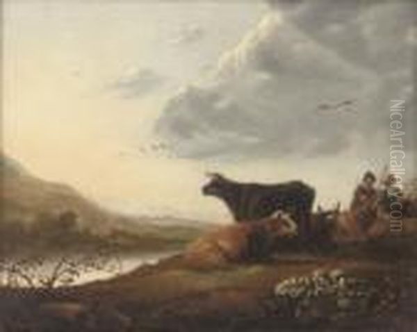 Cattle And Drovers In A River Landscape Oil Painting by Aelbert Cuyp