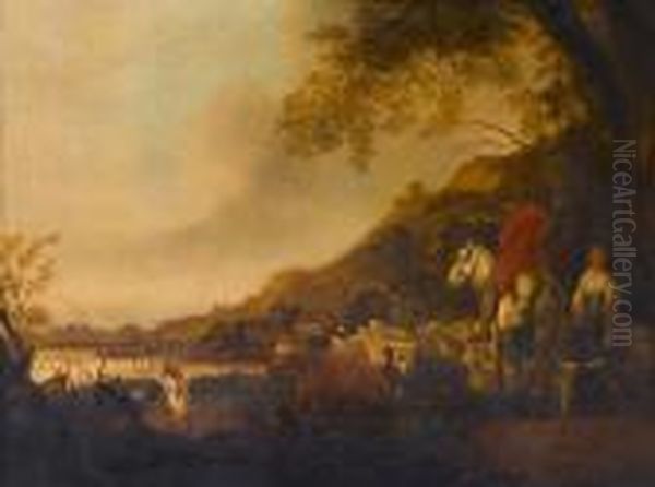 A River Landscape With A 
Horseman And Peasant Woman On A Country Path, Cattle, Sheep And Dogs 
Resting Nearby Oil Painting by Aelbert Cuyp