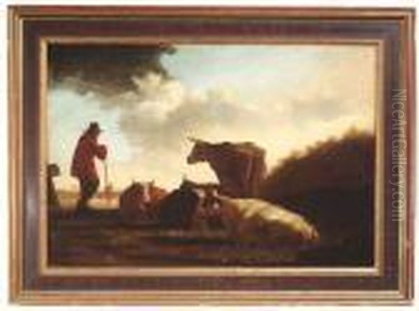 An Extensive Dutch River Landscape With A Shepherd And His Cattle. Signed Oil Painting by Aelbert Cuyp