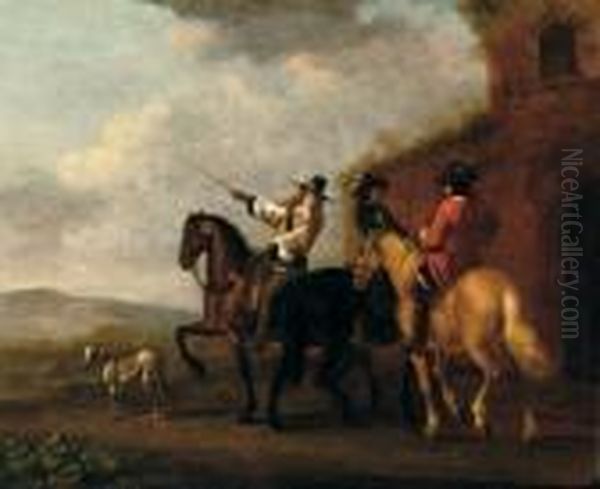 Horsemen With A Dog Outside An Overgrown House Oil Painting by Aelbert Cuyp