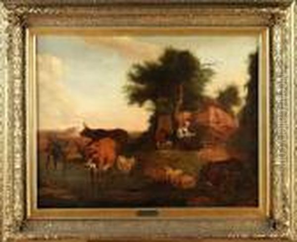 Paisagem De Pastores Com Animais Junto A Rio Oil Painting by Aelbert Cuyp