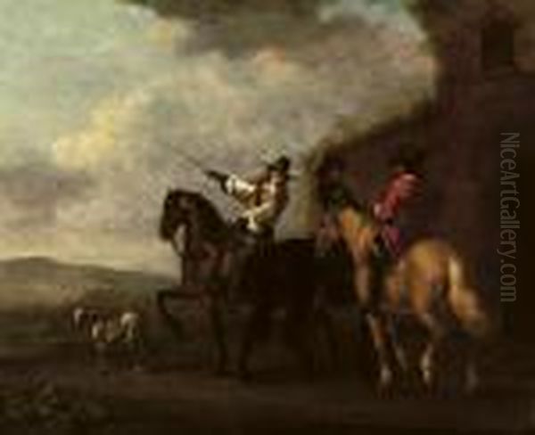 Horsemen With A Dog Outside An Overgrown House Oil Painting by Aelbert Cuyp