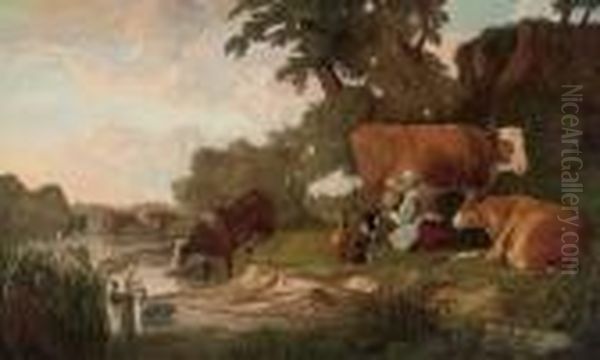 A River Landscape With Cattle Watering And A Milkmaid Oil Painting by Aelbert Cuyp