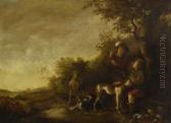 Rastende Jager Mit Ihren Hunden Am
 Waldrand. Oil Painting by Aelbert Cuyp