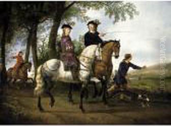 Landscape With A Hunt And A Portrait Of A Youth With His Tutor Oil Painting by Aelbert Cuyp