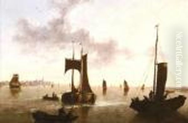 Attributed To Aelbert Cuyp . Ships In A Harbor Oil Painting by Aelbert Cuyp