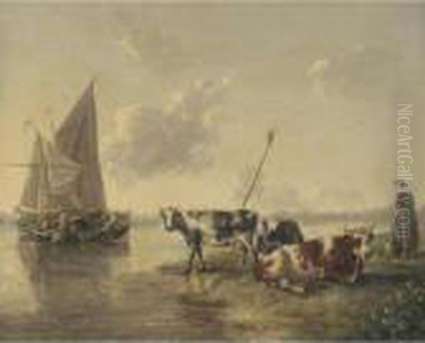 Landscape With Cattle And A Dairy Maid, Small Craft On A River Beyond Oil Painting by Aelbert Cuyp